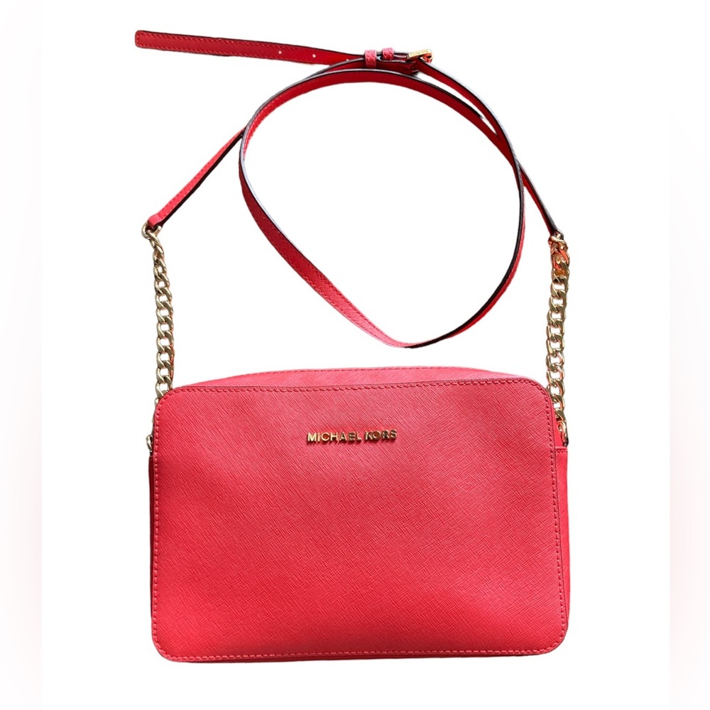 Michael Kors Jet Set Purse Zip Close Leather Chain Strap Classic Timeless Coral